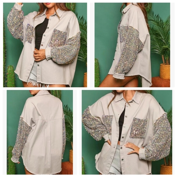 NWT HIMYTHE Beige Oversized Twill Denim Sequin Shacket Sparkle Large - Picture 16 of 17